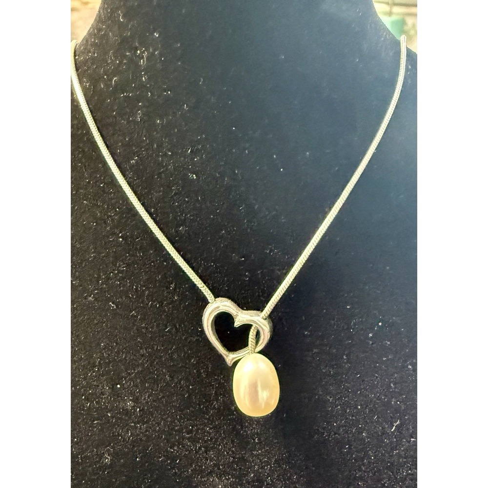 925 Sterling Silver Heart Pendant Necklace Cultured Pearl Snake Chain